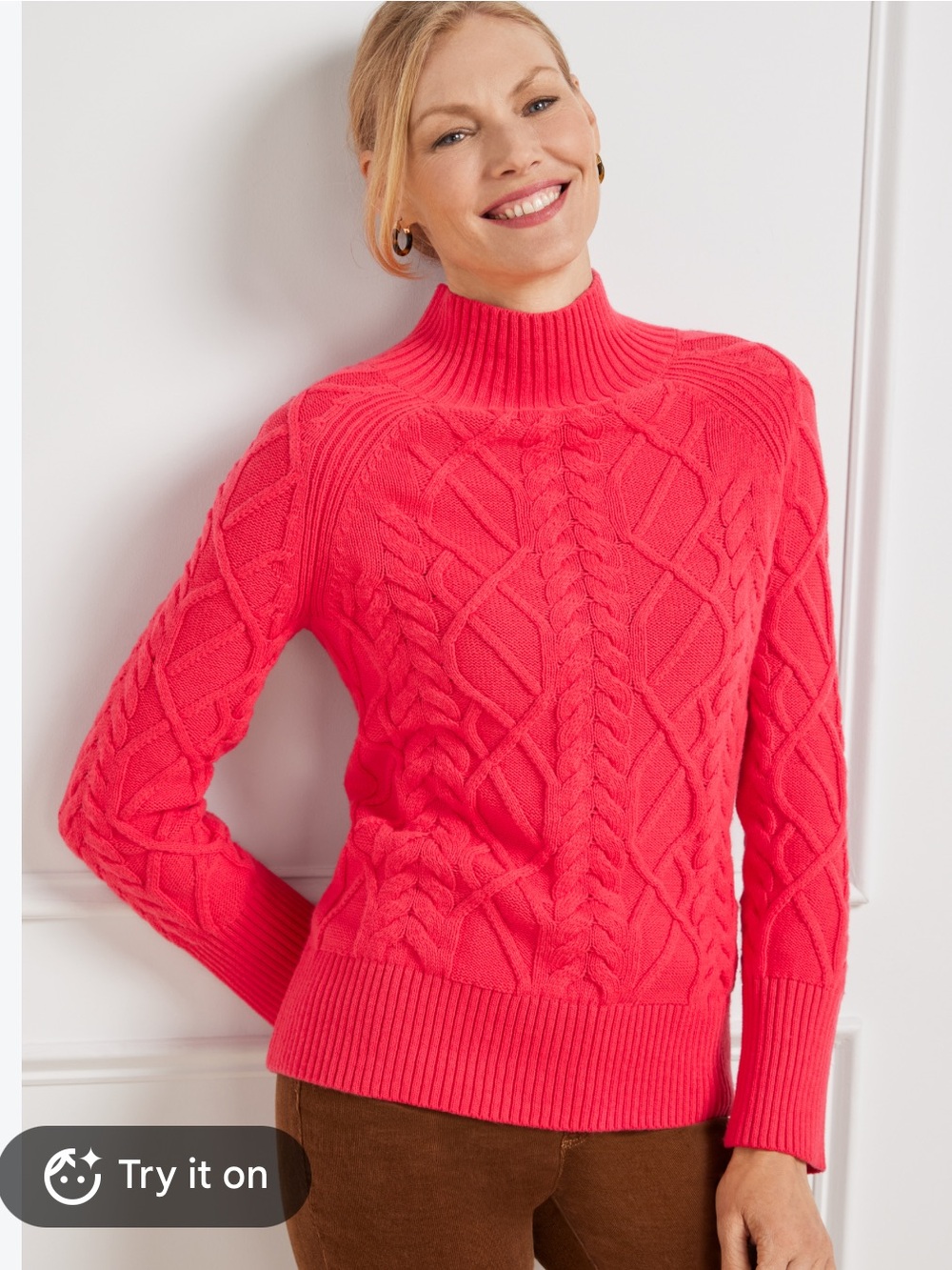 NWOT Talbots Cable Knit Funnel Neck Hot Pink Thick Sweater